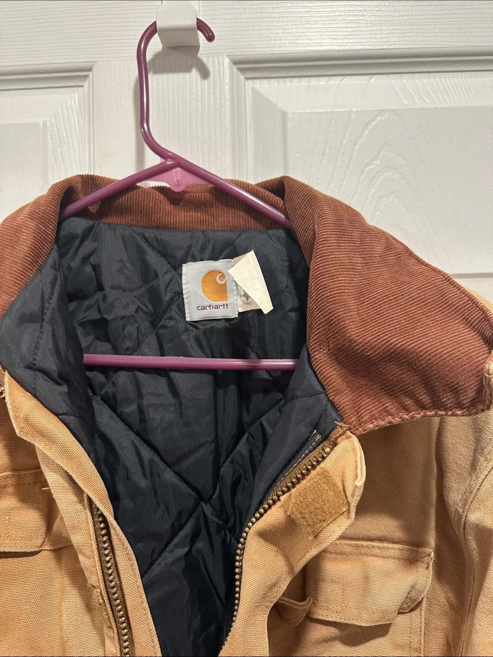 Carhartt Tan Work Jacket with Brown Corduroy Collar